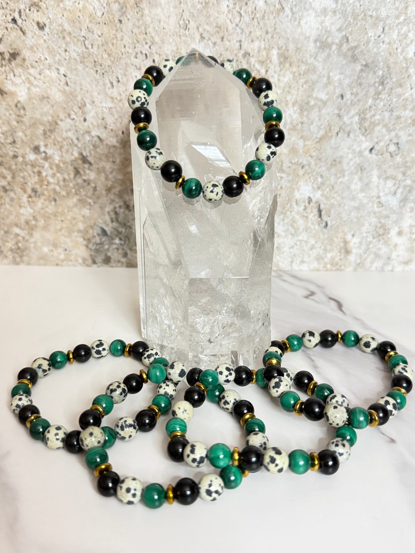 Malachite, Dalamation Jasper & Black Obsidian Bracelet | Cristal Oaks