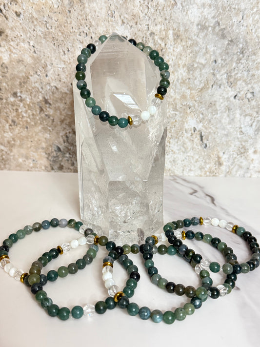 Moss Agate, Clear Quartz & Pearl Bracelet | Cristal Oaks