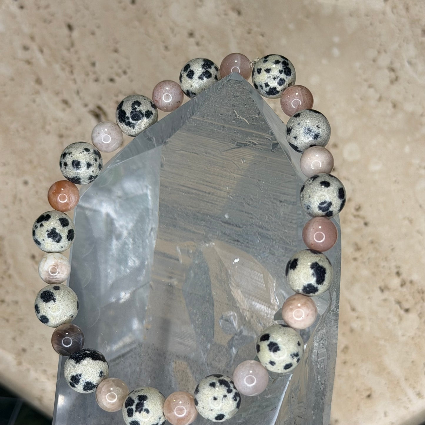 Dalmatian Jasper w/ Peach Moonstone Bracelet | Cristal Oaks