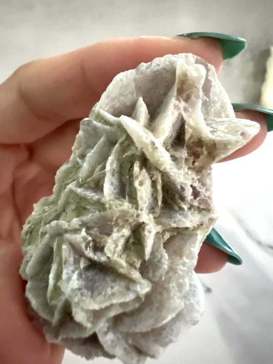 Hand holding a rough-textured stone against a neutral background