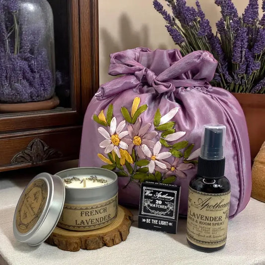 Lavender Aromatherapy Gift Set: Candle, Spray + Satin Purse
